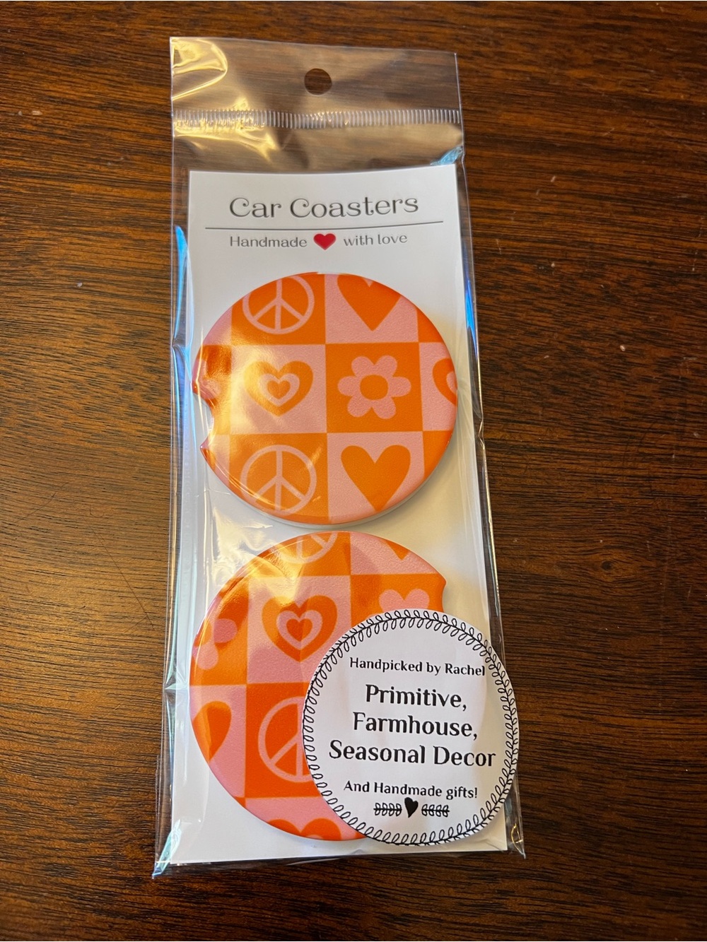 Orange & Pink Peace Heart Flower Car Coaster Set